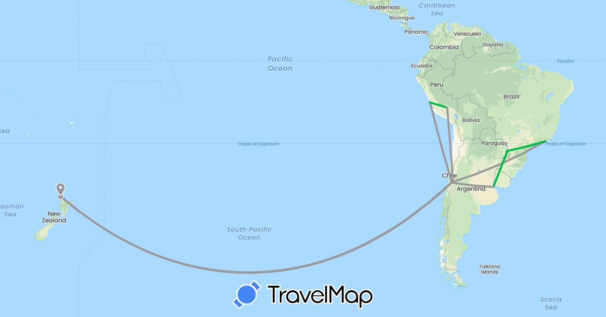 TravelMap itinerary: driving, bus, plane in Argentina, Brazil, Chile, New Zealand, Peru (Oceania, South America)